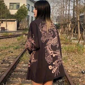 Black Dragon Print Oversized Shirt